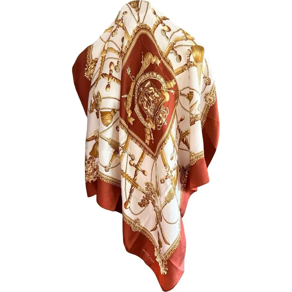 Vintage Christian Garets Paris Silk Scarf Ivory Brown Gold Swords Arms Baroque